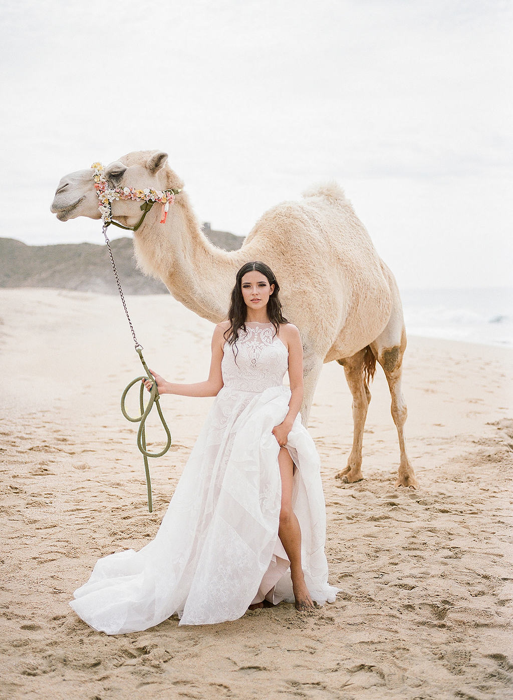 bride with camel on the beach