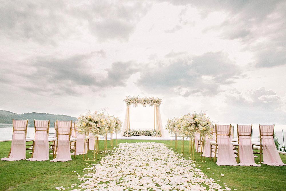 pink flower cabana wedding backdrop in Phuket destination wedding