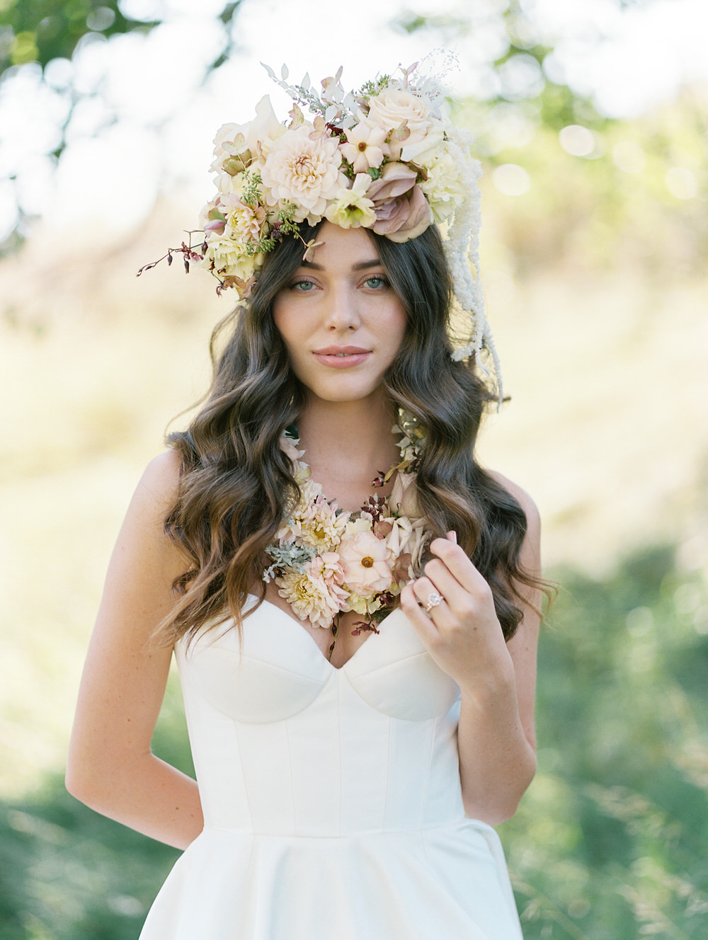 boho bridal look with daring wearing florals